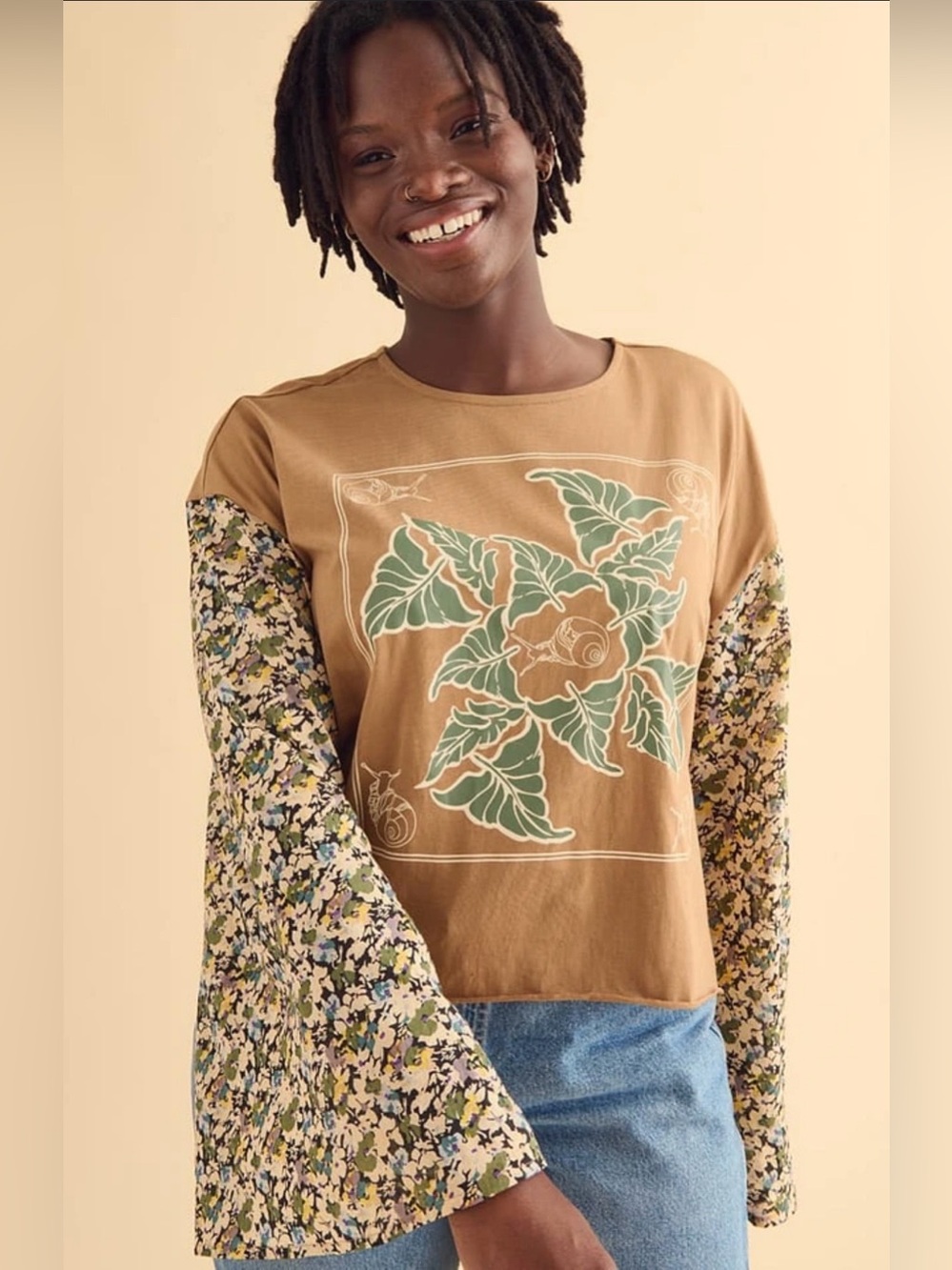 EARTHBOUND Snail Contrast Floral Sleeve Shirt